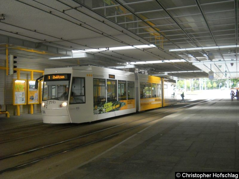 Bild: TW 208 auf der Linie 1 am Hauptbahnhof.