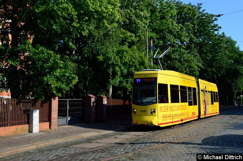 Bild: 1339 als Linie 7E am Straßenbahnhof Leutzsch.