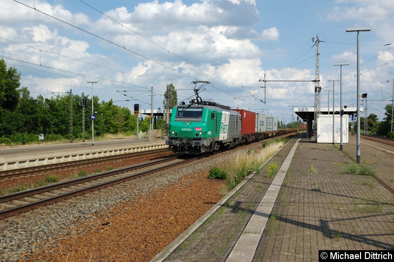 Bild: 437 023 (SNCF) mit einem Güterzug bei der Durchfahrt in Nauen.