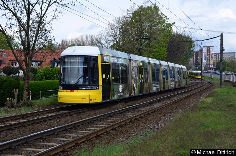 Bild: 9018 als Linie 16 zwischen den Haltestellen Landsberger Allee/Rhinstr. und Dingelstädter Str.