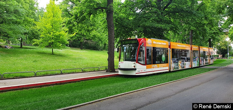 Bild: TW 646 als Linie 4 bei der Einfahrt in die Haltestelle Robert-Koch-Straße