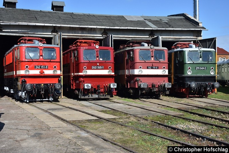 Bild: BR 242 151-9,BR 242 145-1,BR 142 110-6 und BR 211 049-2 vor den Lokschuppen in BW Weimar.