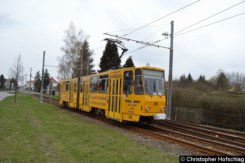 Bild: Tw 319 als Linie 1 im Bereich Wagenhalle.