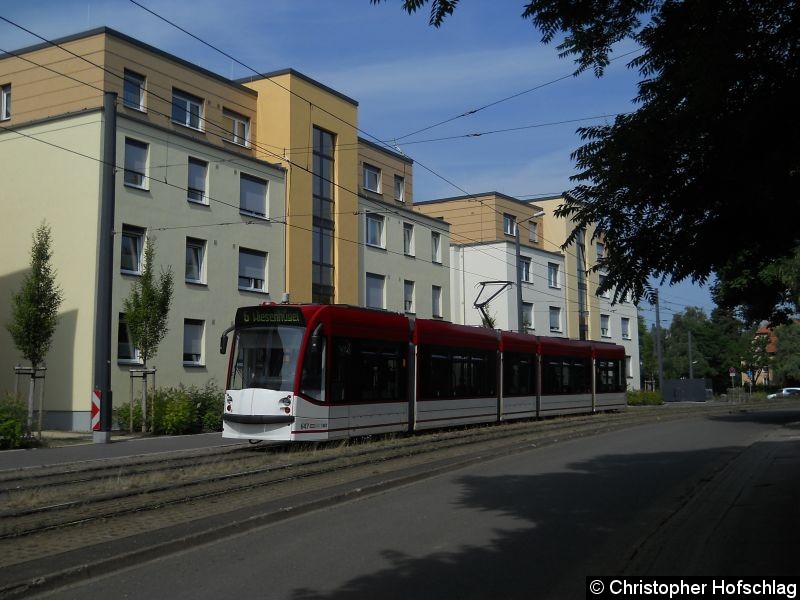 Bild: TW 647 der Linie 6 in Richtung Melchendorfer Straße.