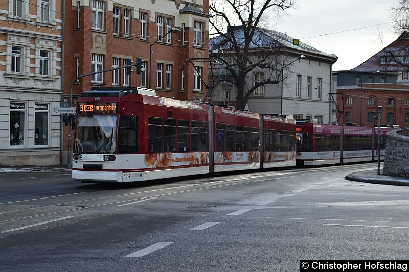 Bild: Tw 616+605 als Linie 3 zwischen den Haltestellen Andreaskriche und Bergstraße.