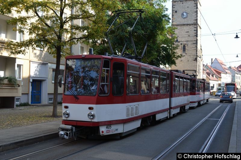 Bild: TW 405+495 als Linie 5 am Augustinerkloster .