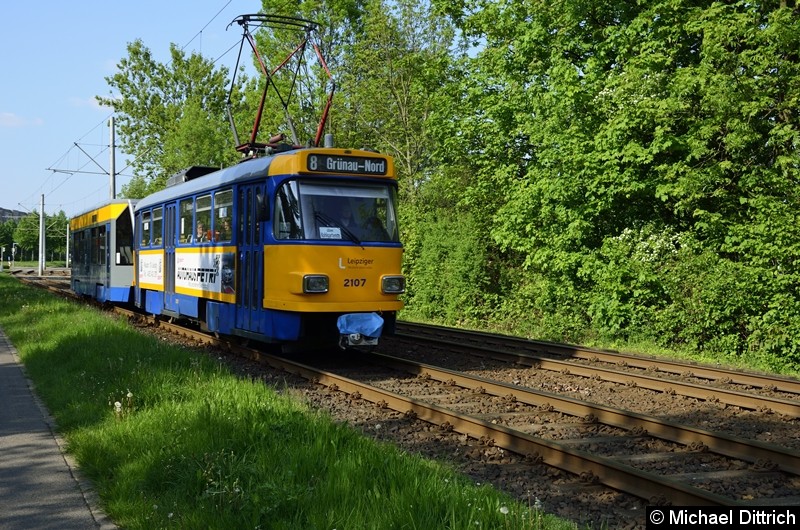 Bild: 2107 + 906 als Linie 8 zwischen den Haltestellen Am Vorwerk und Strabf. Paunsdorf.