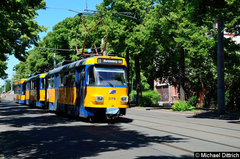 Bild: 2176 + 2178 + 909 als Linie 11 in der Bornaische Str.